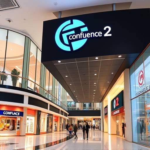 Conception du logo et de la signal√©tique pour le nouveau centre commercial Confluence 2, un projet de branding par Cr√©ations Lumineuses, visualisant le logo sur diff√©rents supports.